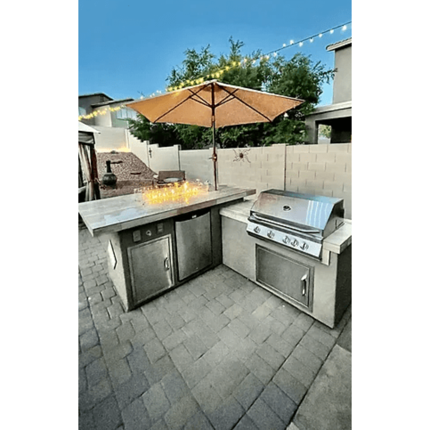 Kokomo Baja/Fire L-Shaped BBQ Island with Fire-pit, 4 Burner BBQ, Outdoor Refrigerator - Baja-Fire