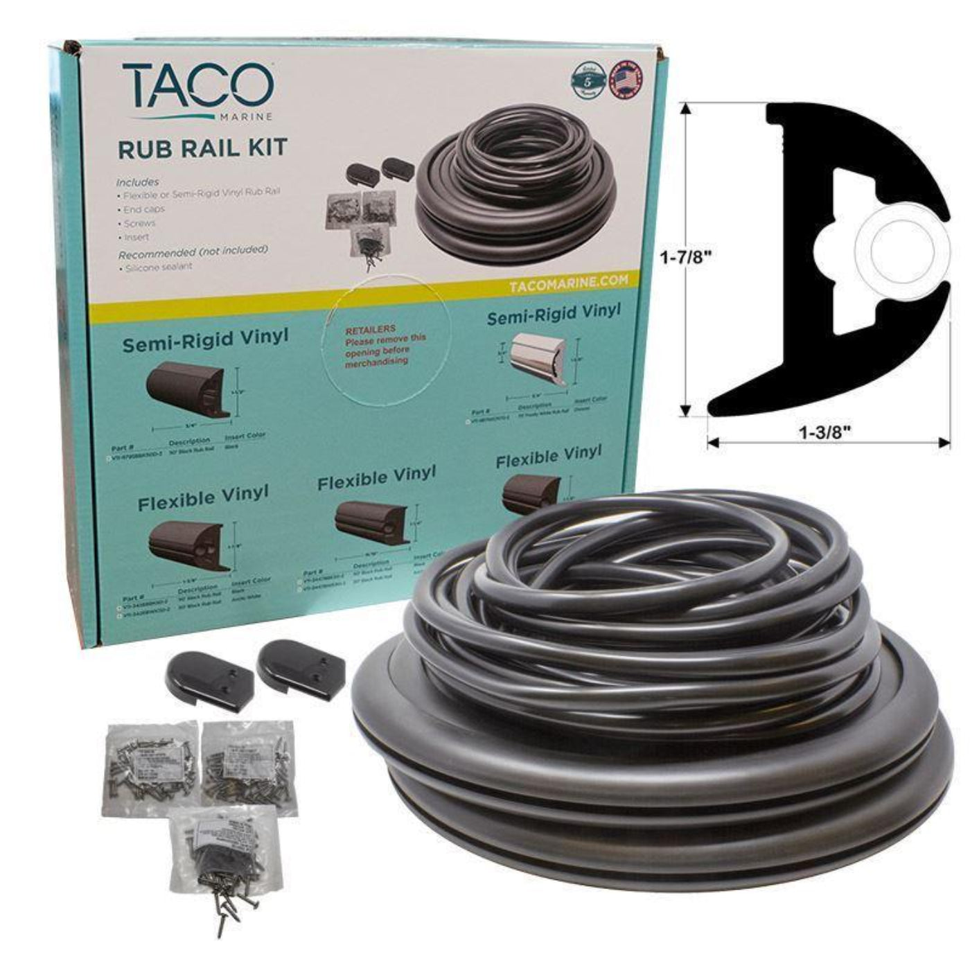TACO Flex Vinyl Rub Rail Kit Black/Black Insert 70' X 1-7/8" x 1-1/16" - V11-2423BBK70-2