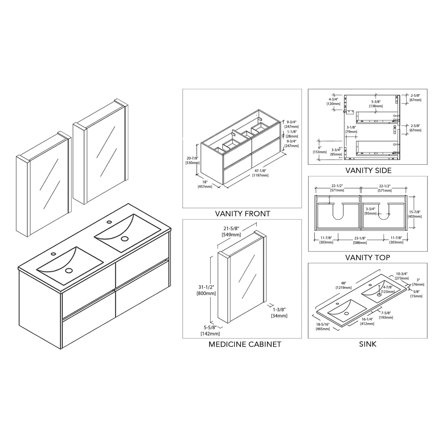 Blossom Valencia 48 Inch Bathroom Double Vanity - V8016 48 01D