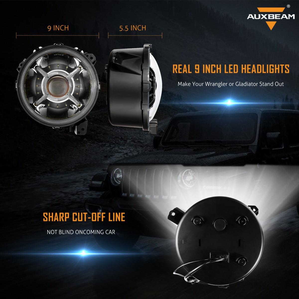 Auxbeam (2pcs/set) 9'' Round  100W LED light with Hi-Lo Beam & DRL for 2018-2022 Jeep Wrangler JL, 2019-2022 Gladiator JT - QP005944