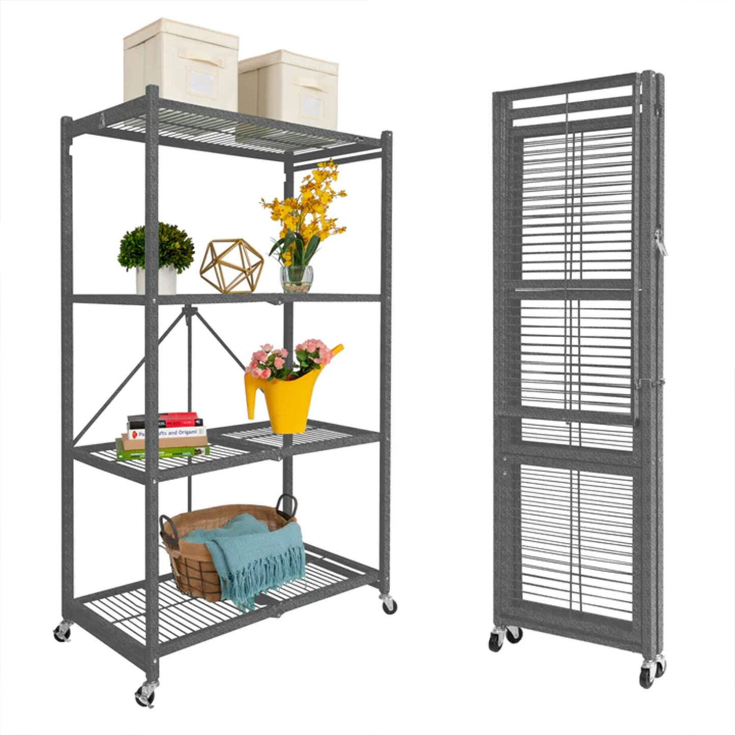Origami 4 Tier Multipurpose Folding Storage Rack with Wheels, 3 Pack, Gray - 414442
