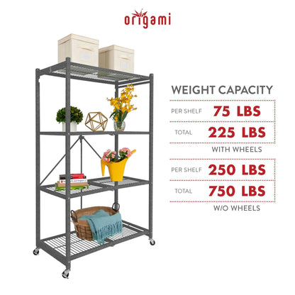 Origami 4 Tier Multipurpose Folding Storage Rack with Wheels, 4 Pack, Gray - 414443