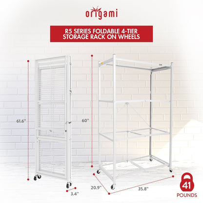 Origami 4-Pack R5-06W 4-Wheel 4-Shelf Folding Steel Wire Shelving Storage, White - 415205