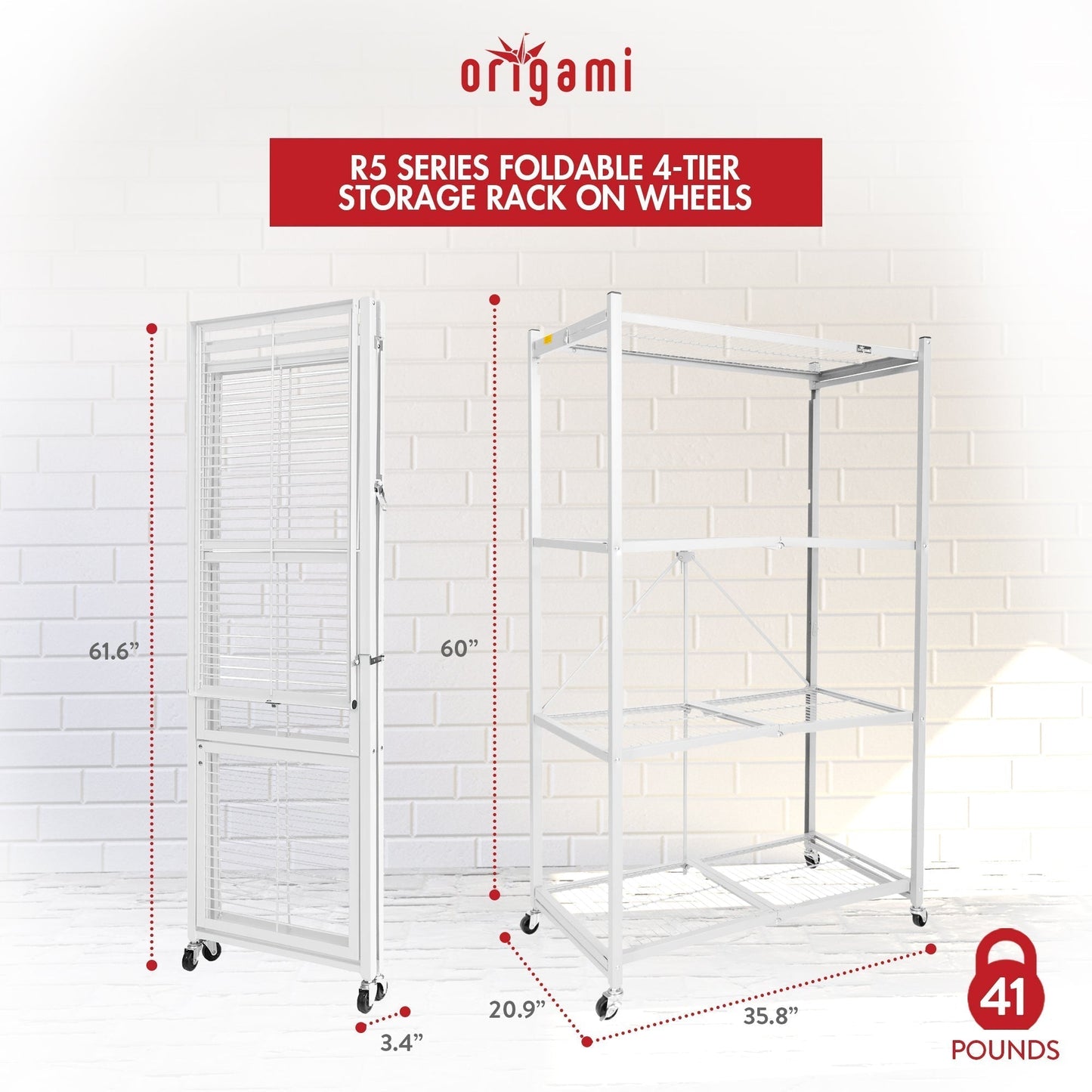 Origami 3-Pack R5-06W 4-Wheel 4-Shelf Folding Steel Wire Shelving Storage, White - 415204