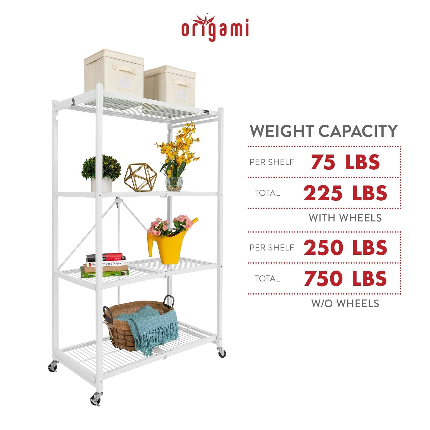 Origami 4-Pack R5-06W 4-Wheel 4-Shelf Folding Steel Wire Shelving Storage, White - 415205