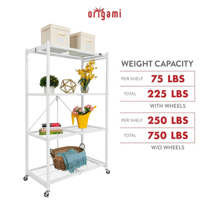 Origami 4-Pack R5-06W 4-Wheel 4-Shelf Folding Steel Wire Shelving Storage, White - 415205