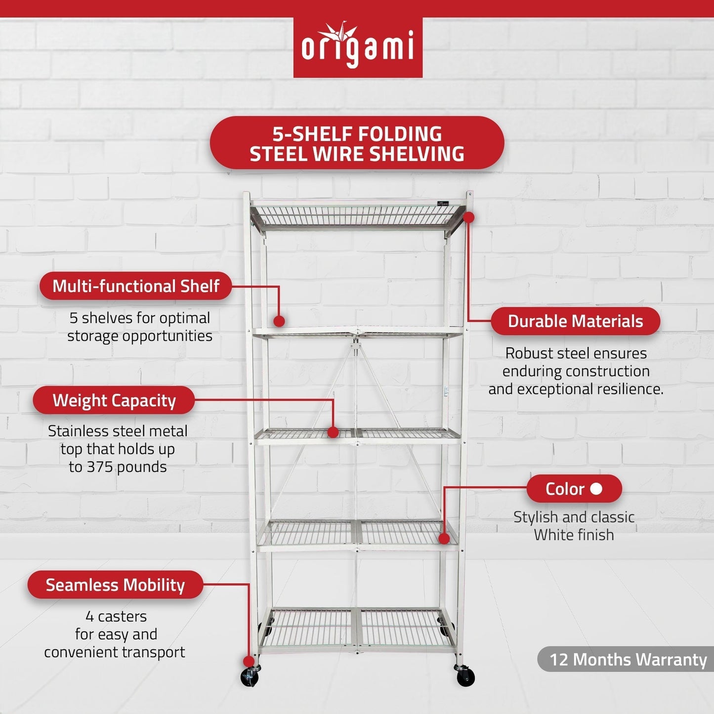 Origami 2 Pack Large Wheeled 5-Shelf Folding Steel Wire Shelving Rack, White - 415233