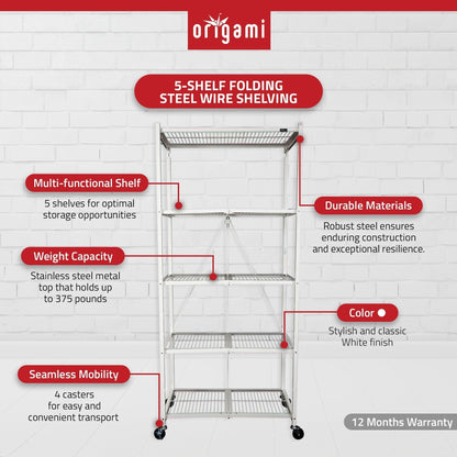 Origami 2 Pack Large Wheeled 5-Shelf Folding Steel Wire Shelving Rack, White - 415233