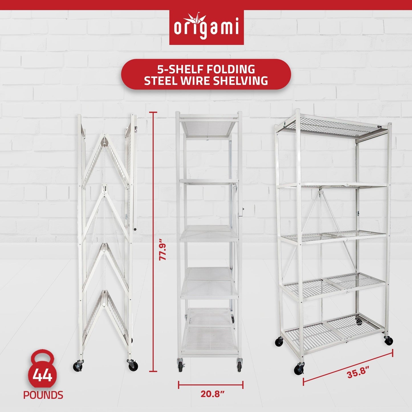 Origami 2 Pack Large Wheeled 5-Shelf Folding Steel Wire Shelving Rack, White - 415233