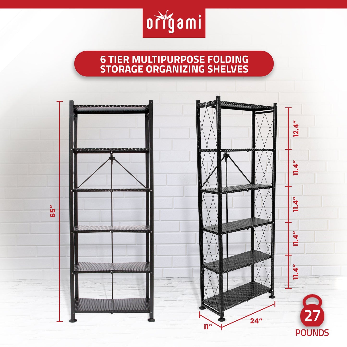 Origami 6 Tier Classic Steel Bookcase Organizer Storage Rack, Black (2 Pack) - 125949