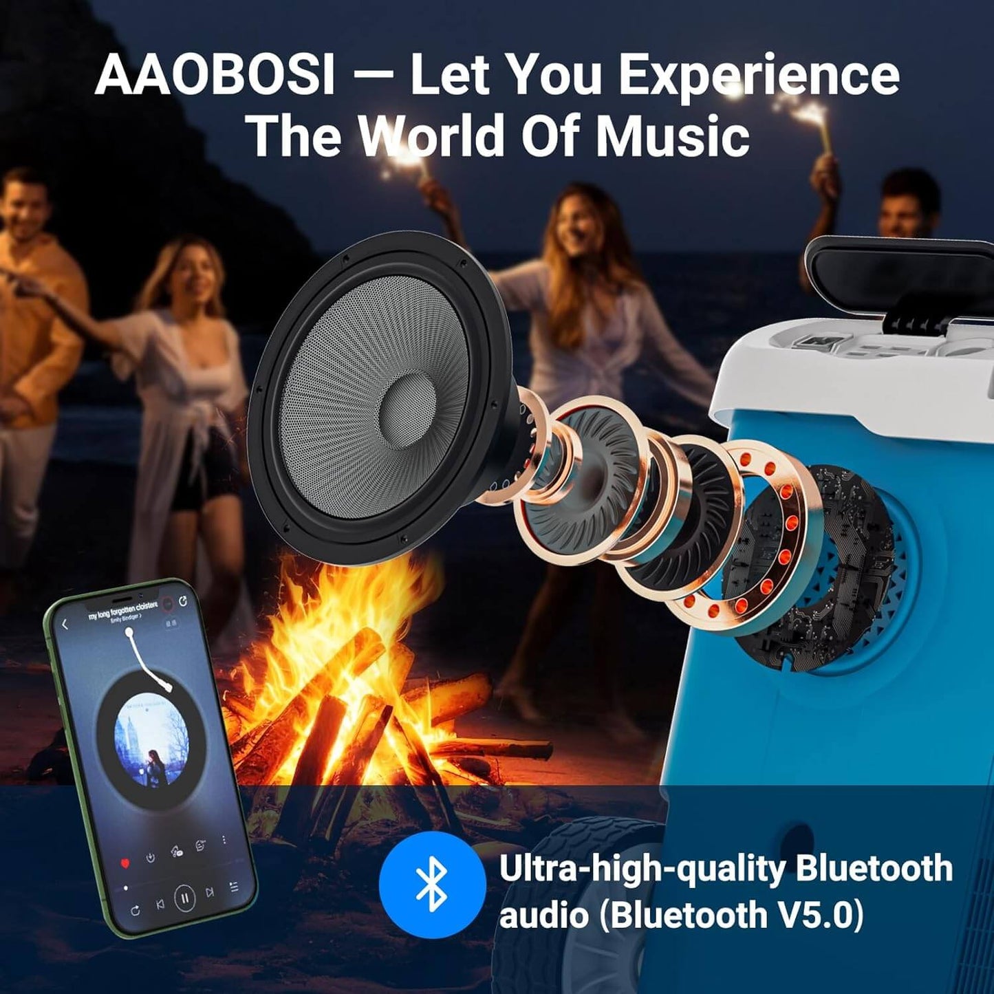 AOBOSI 12v Fridge With Buit-in Bass Speaker and Battery 42qt - UL-SU-PG36E-BU