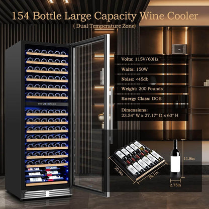 AOBOSI 24 inch Wine Cooler 154 Bottles Capacity Dual Zone - YC-408B