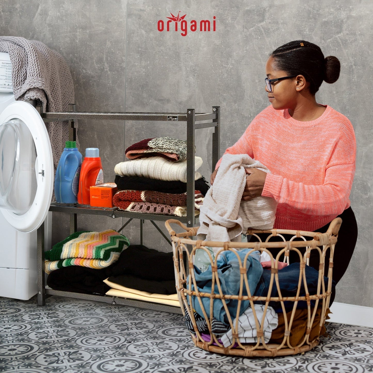 Origami R3 Foldable 3-Tiered Shelf Storage Rack & Wheels, Pewter (4 Pack) - 253008