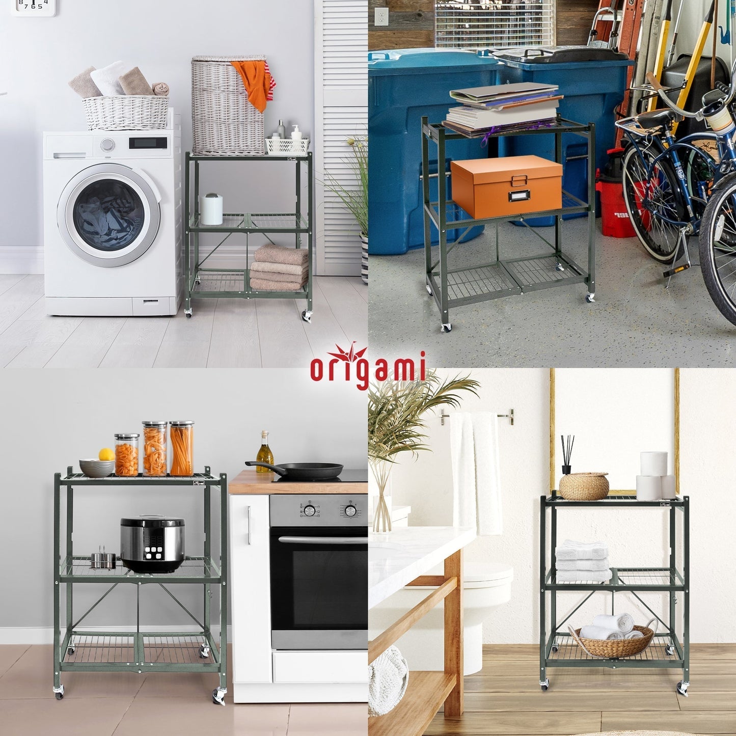 Origami R3 Foldable 3-Tiered Shelf Storage Rack & Wheels, Pewter (6 Pack) - 253009