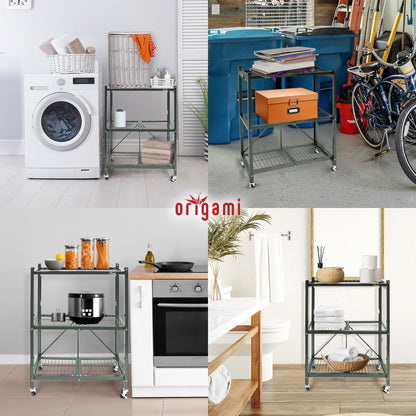 Origami R3 Foldable 3-Tiered Shelf Storage Rack & Wheels, Pewter (6 Pack) - 253009