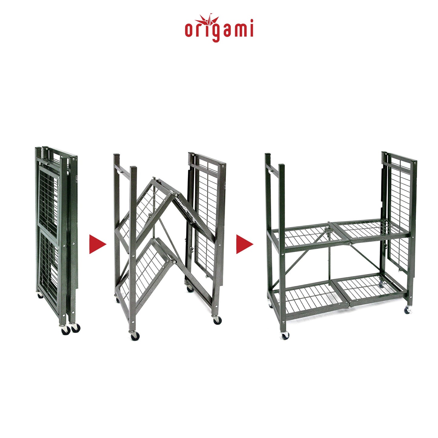 Origami R3 Foldable 3-Tiered Shelf Storage Rack & Wheels, Pewter (4 Pack) - 253008