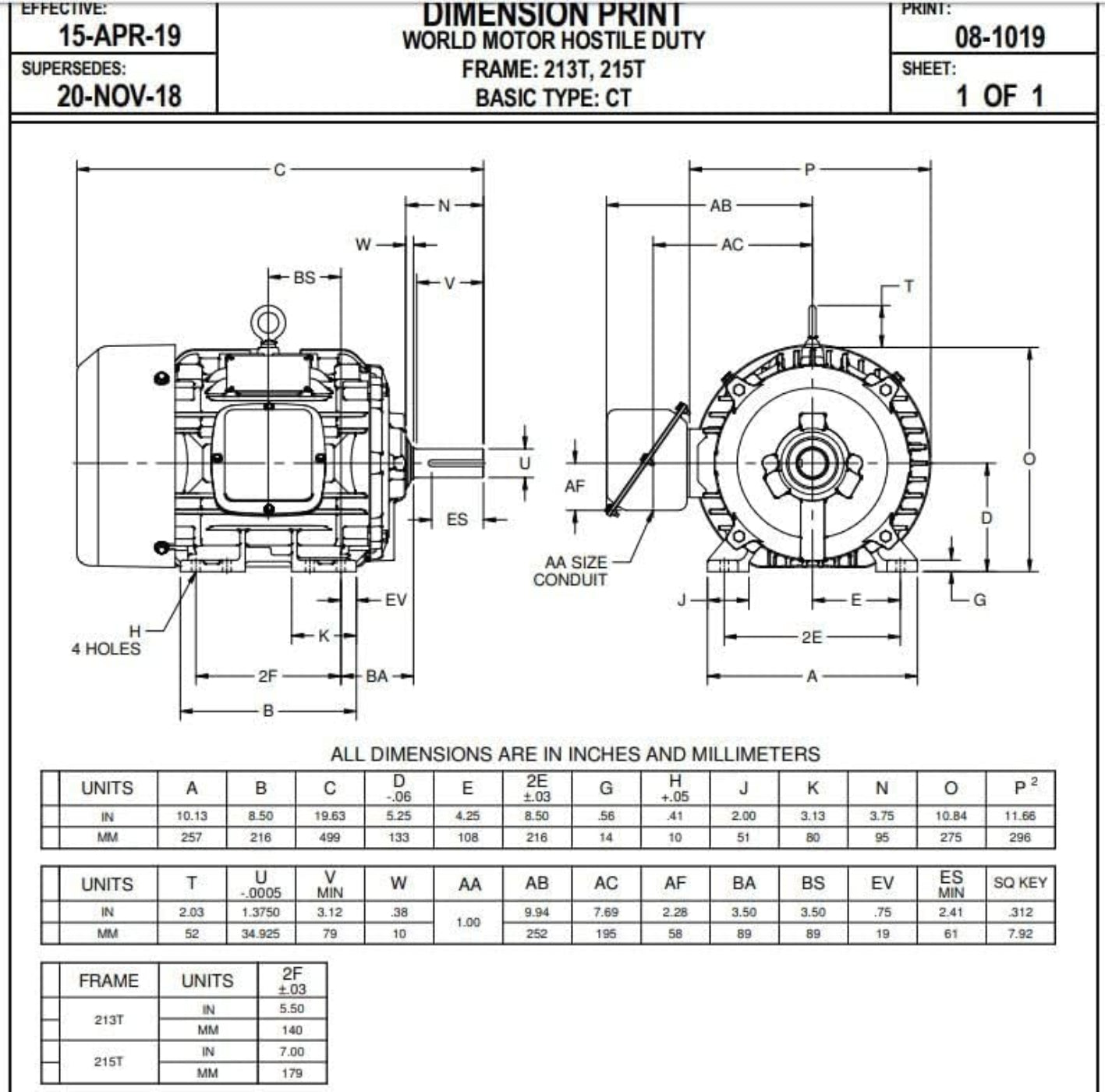 U. S. Motors Nidec HD7P2E Electric Motor 7.5 hp 213T Frame 230/460 Volts - HD7P2E