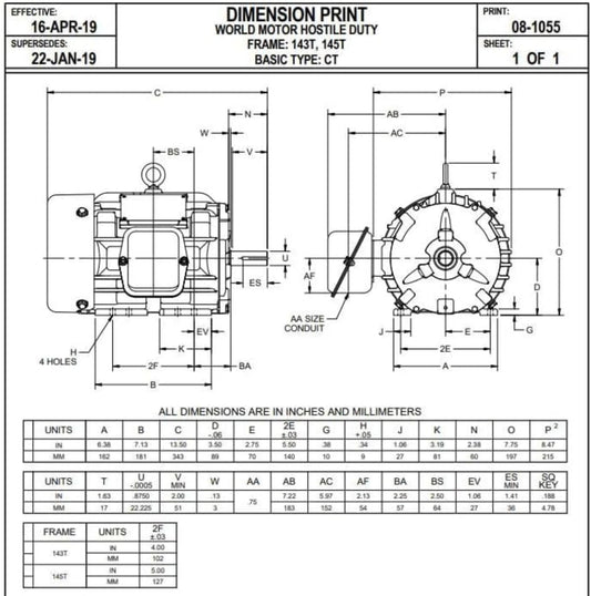 U. S. Motors Nidec HD1P3E 1 hp 1200 RPM 145T Frame 230/460V TEFC - HD1P3E