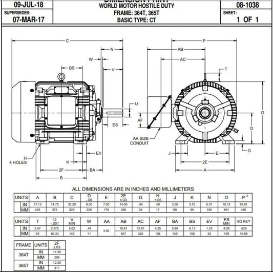 U. S. Motors Nidec HD75P2E 75 hp 1800 RPM 365T Frame 208-230/460V TEFC - HD75P2E