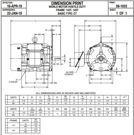 U. S. Motors Nidec HD1P2E 1 HP 1800 RPM 143T Frame 230/460V TEFC Electric Motor - HD1P2E
