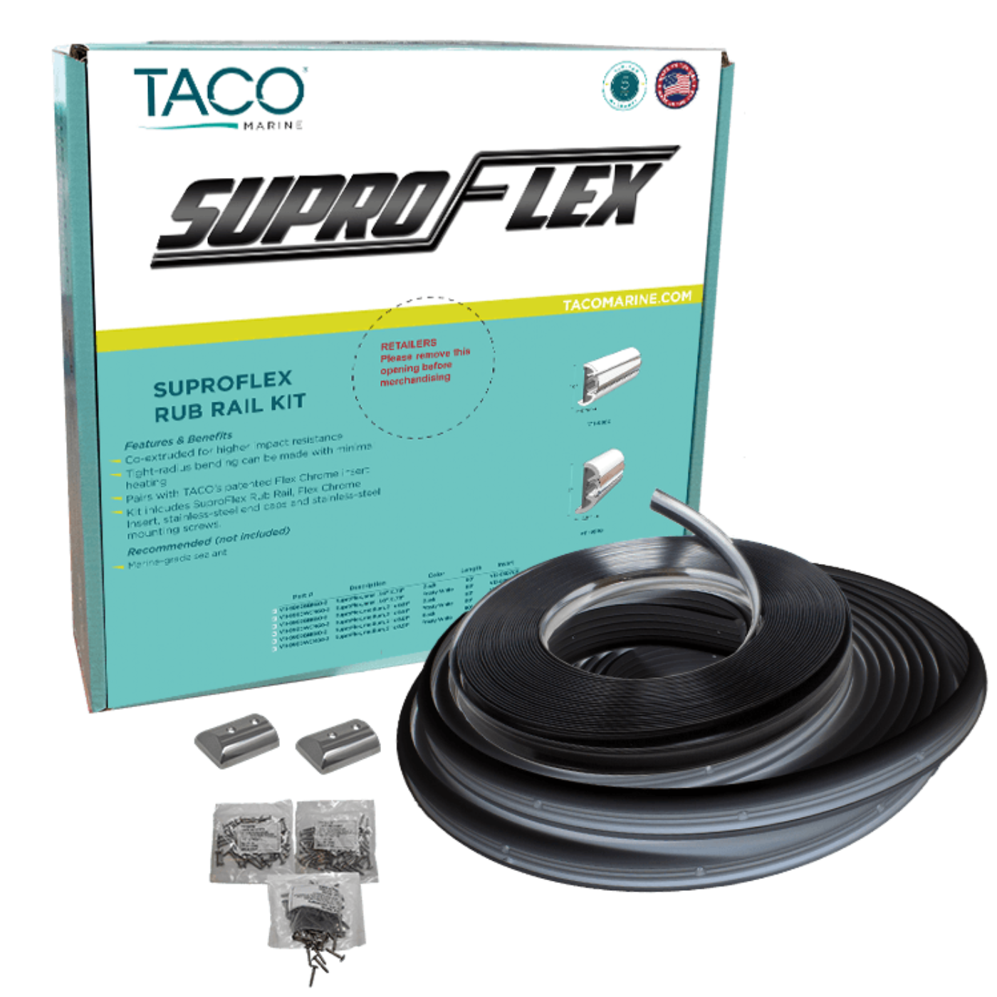 TACO Suproflex 60' Small Rub Rail Kit, Black w/ Chrome Insert - V11-9960BBK60-2