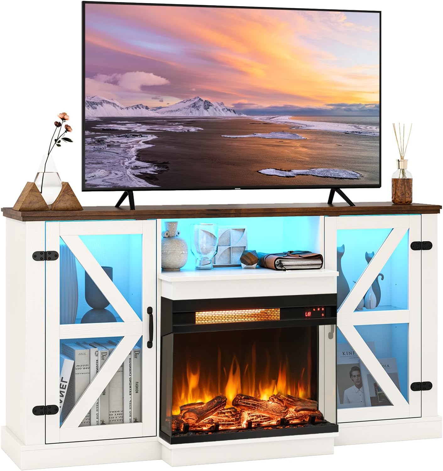 Tangkula 58” Fireplace TV Stand with 23” 3-Side Glass Electric Fireplace - HV10481WH+FP10806US-BK