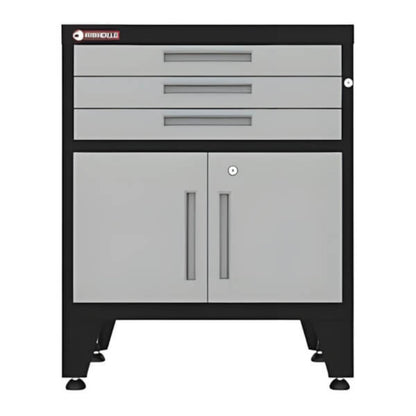 Armadillo Tough Grey 3-Drawer 2-Door Cabinet Base Cabinet with Rubber Work Mat - AR3DR28BG