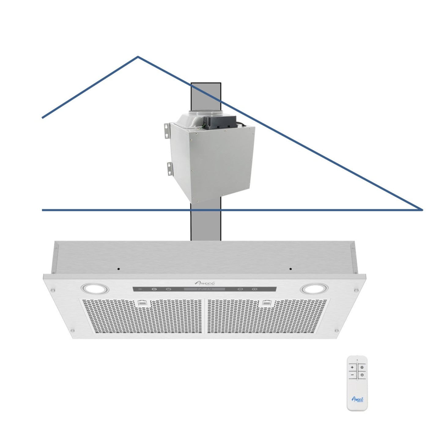Awoco RH-IT08-R Ceiling Mount 14-1/2”D Super Quiet Split Stainless Steel Range Hood, 4-Speed, 1000 CFM, Mesh Filters, Remote Control with 8” Blower - RH-IT08-R30-COLD