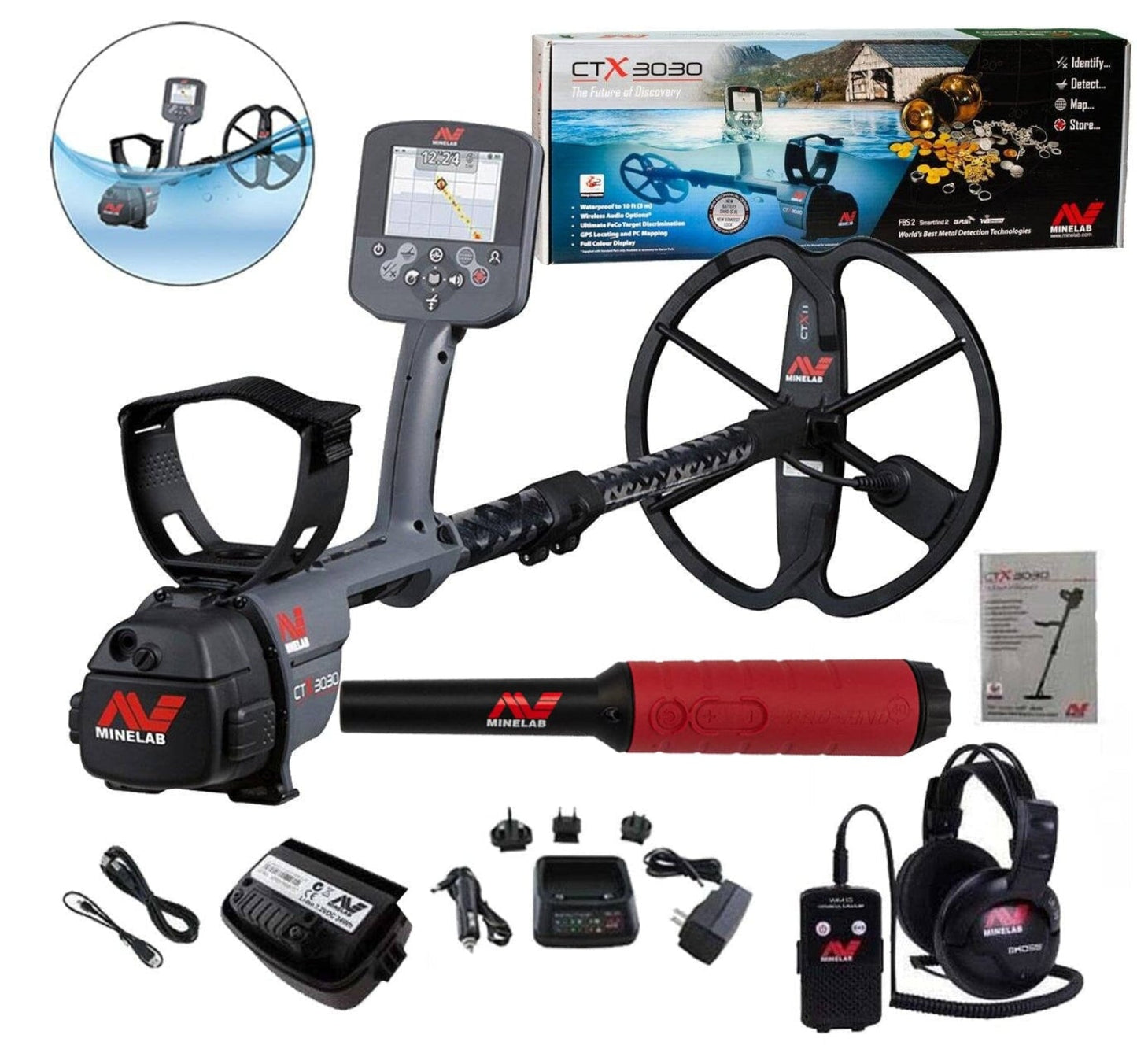 Minelab CTX 3030 Waterproof Metal Detector and Pro-Find 40 Pinpointer, Extra Gear - 3228-0101-PF40-gear
