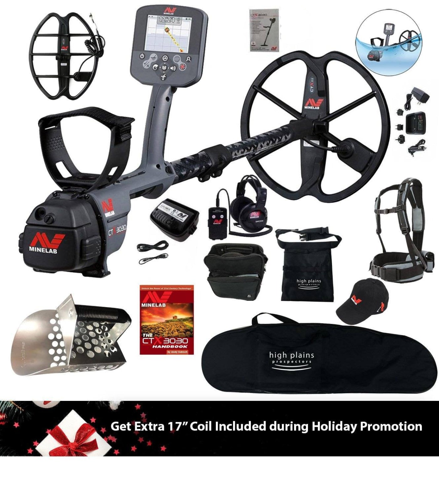 Minelab CTX 3030 Waterproof Metal Detector, 17" Coil with FREE Gear Quicksilver Hand Held Scoop - 3228-0101-qs-hand-held-bundle