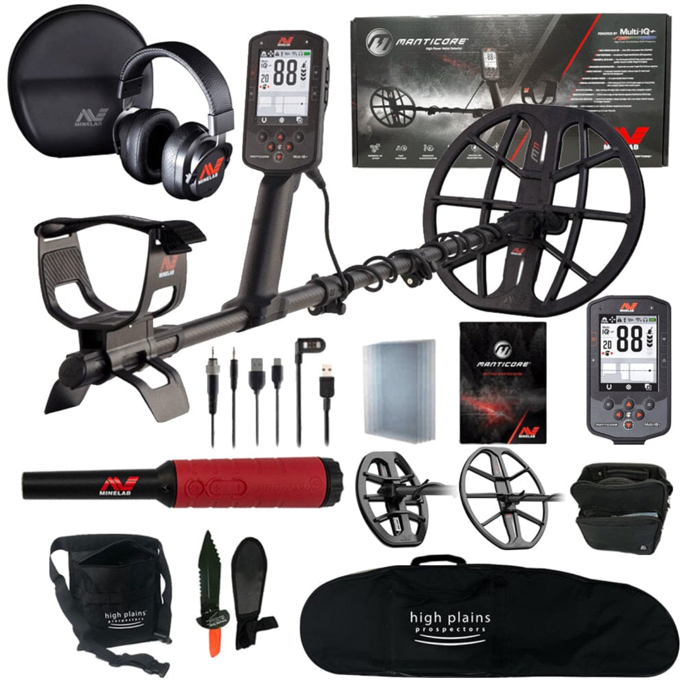 Minelab Manticore Metal Detector, Pro-Find 40 Pinpointer with 15" M15 Coil, 8" M8 Coil, and Gear - 3228-0200-M15-M8-PF40-free-gear-bundle