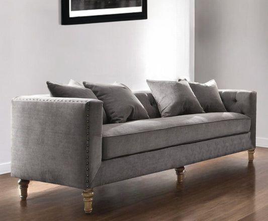 Modway Furniture 34" Gray Velvet Sofa with Toss Pillows, Elegant Brown Legs, Tufted Design & Nailhead Trim Detail - 347269-HOMEROOTS