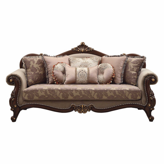 Modway Furniture 88" Beige Velvet Floral Sofa with Toss Pillows & Stylish Brown Legs - Elegant Home Centerpiece - 348219-HOMEROOTS