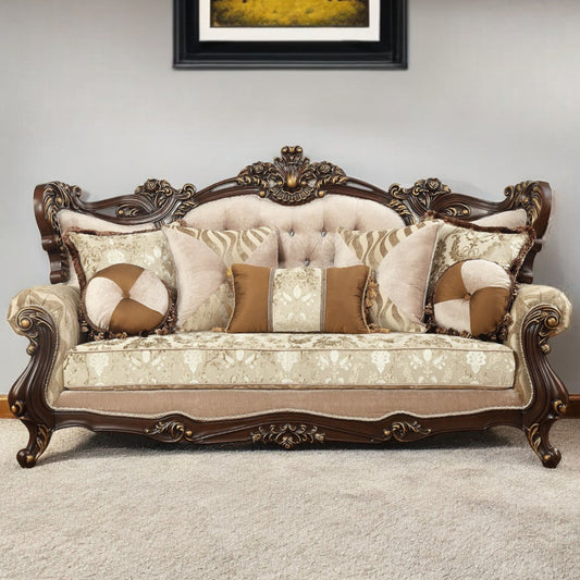 Modway Furniture 42" Stylish Beige Damask Sofa with Toss Pillows, Brown Legs, and Nailhead Trim for Elegant Spaces - 348225-HOMEROOTS