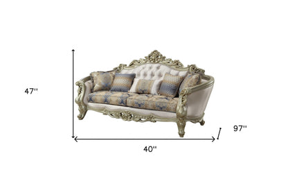 Modway Furniture 40" Antique White Velvet Floral Curved Sofa with Toss Pillows & Chic Champagne Legs for Elegance - 348231-HOMEROOTS