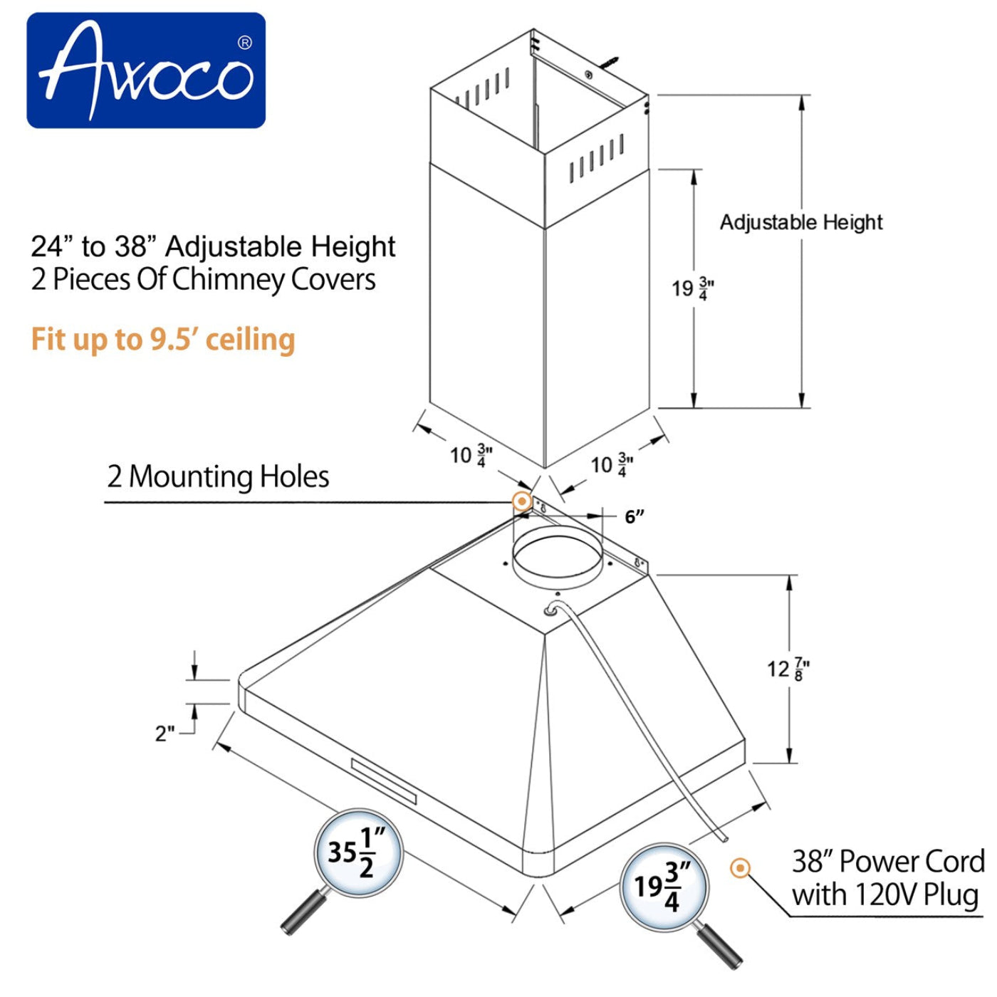 Awoco RH-WT-C Wall Mount Stainless Steel Range Hood, 3 Speeds, 800CFM, 2 LED Lights, Remote Control, With 6” Blower Unit - RH-WT-C30+RH-SP06-BLW