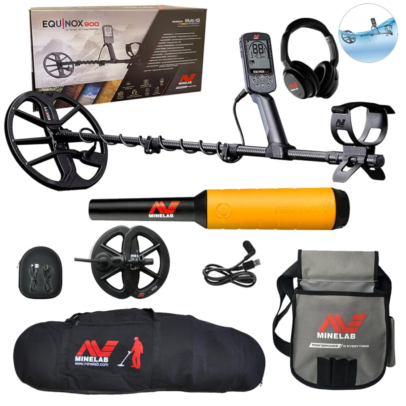 Minelab Equinox 900 Bundle with Pro-Find 15 Pointer, Carry Bag, and Finds Pouch - 3720-0006-PF-15-bag-pouch