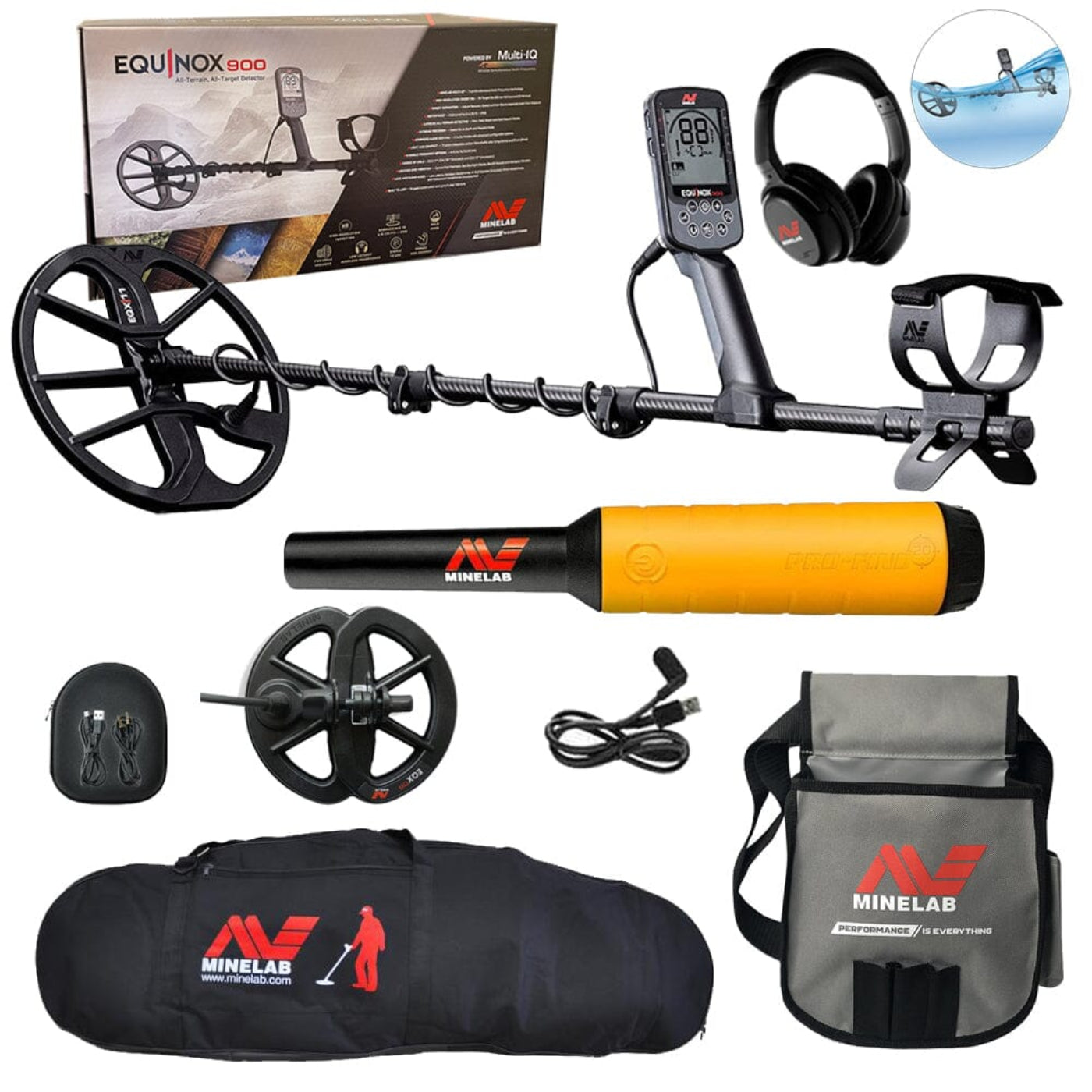 Minelab Equinox 900 with Pro-Find 20 Pointer, Carry Bag, and Finds Pouch - 3720-0006-PF-20-bag-pouch
