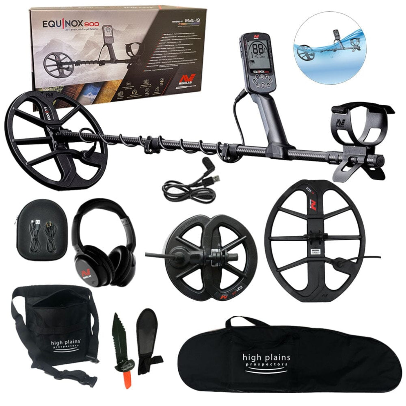 Minelab Equinox 900 with 6 inch, 11 inch, and 15" inch Coils, Free Gear - 3720-0006-6-11-15-free-gear-bundle