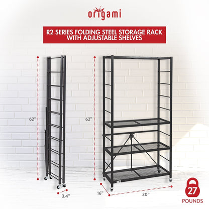 Origami 4 Pack Folding Steel Storage Rack, Adjustable Shelves, R2 Series, Black - 415216