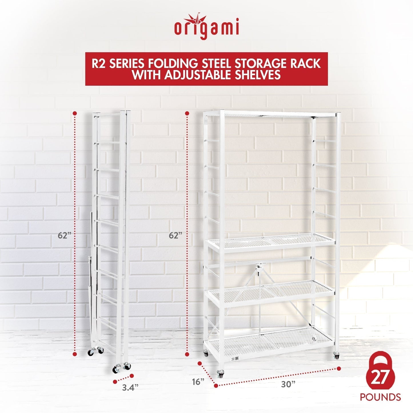 Origami 4 Pack Folding Steel Storage Rack, Adjustable Shelves, R2 Series, White - 415218
