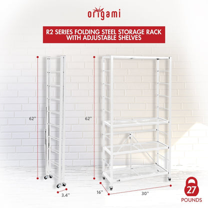 Origami 4 Pack Folding Steel Storage Rack, Adjustable Shelves, R2 Series, White - 415218