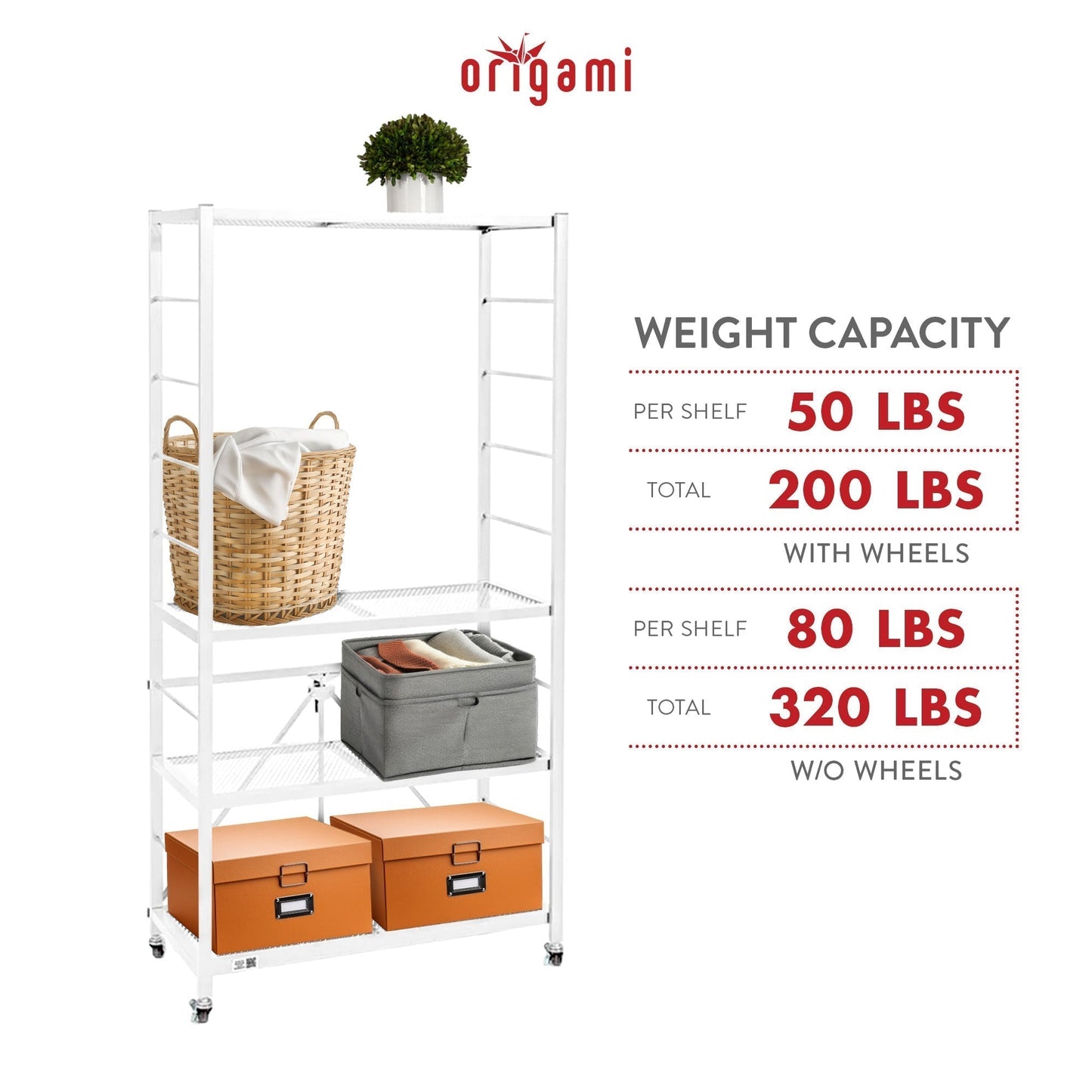 Origami 4 Pack Folding Steel Storage Rack, Adjustable Shelves, R2 Series, White - 415218