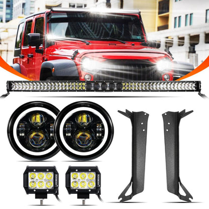 Auxbeam 7" LED Halo Headlights+5D-PRO 52" Straight LED Light Bar+Windshield Mounting Brackets 18W Pod Lights Set for Jeep Wrangler TJ - GP00007757