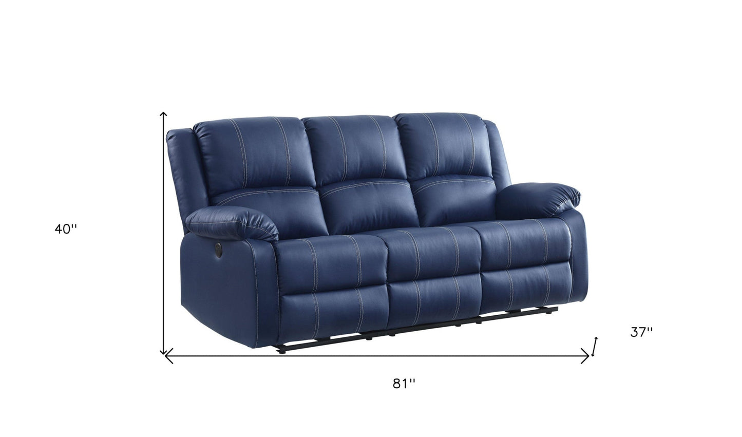 Modway Furniture 81" Blue Faux Leather Reclining Sofa with USB, Stylish Black Legs, Comfort & Support for Your Space - 491002-HOMEROOTS