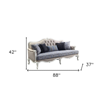 Modway Furniture 88" Cream Linen Damask Sofa with White Legs & Toss Pillows - Stylish Comfort for Any Living Room - 491311-HOMEROOTS