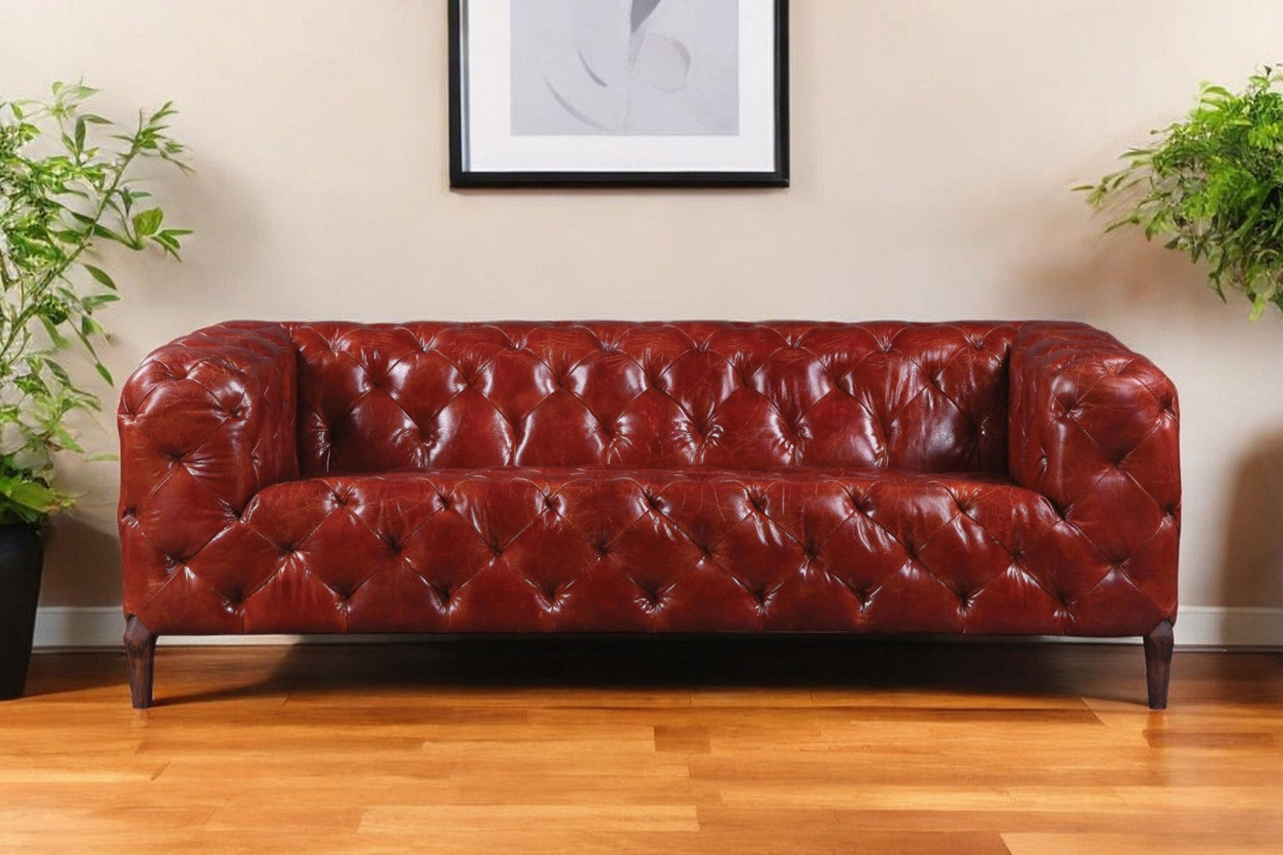 Modway Furniture 85" Merlot Top Grain Leather Sofa - Luxurious Comfort with Black Legs & Contemporary Design - 491317-HOMEROOTS
