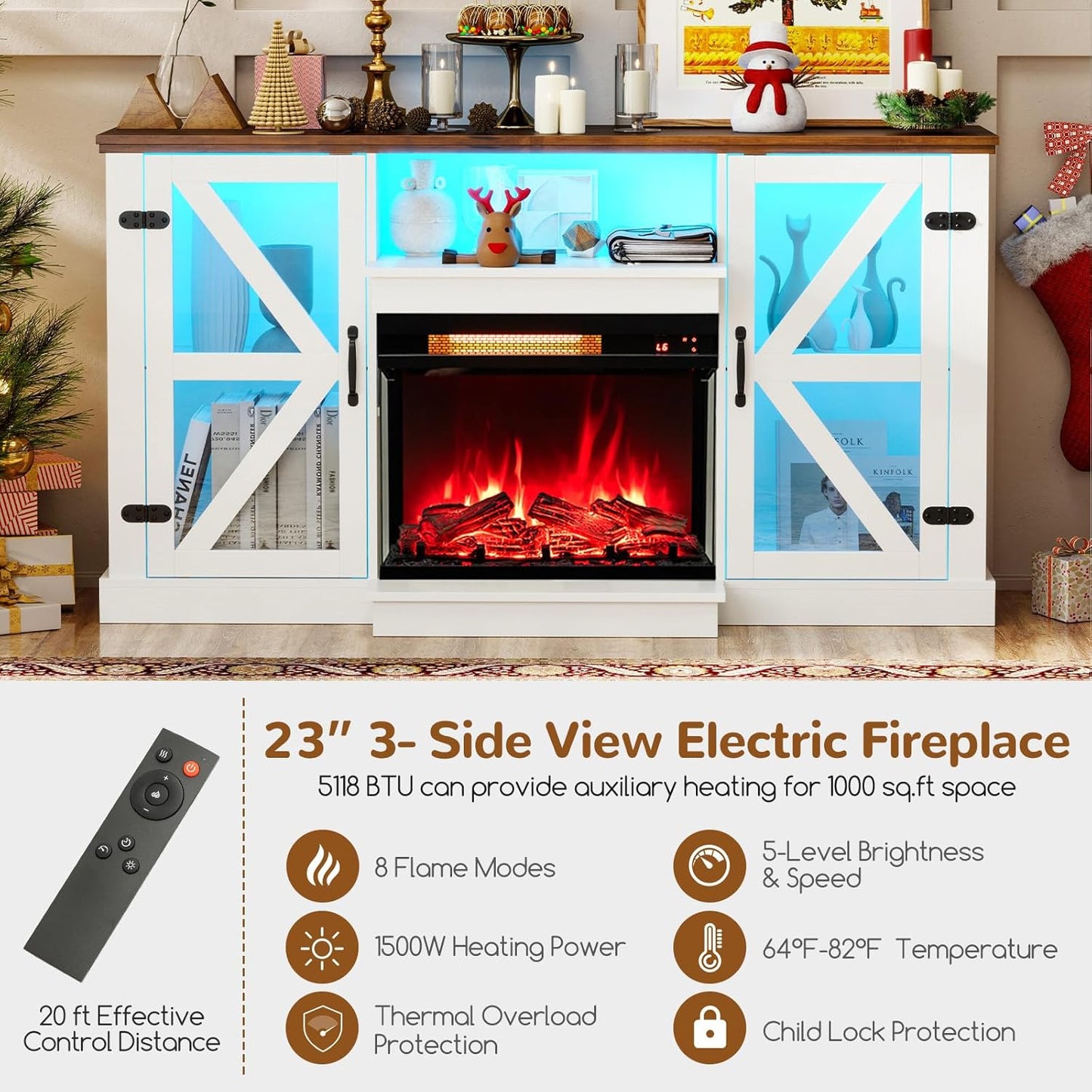 Tangkula 58” Fireplace TV Stand with 23” 3-Side Glass Electric Fireplace - HV10481WH+FP10806US-BK