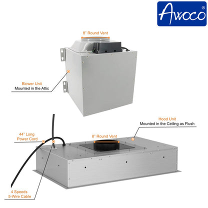 Awoco RH-IT08-CR Flush Ceiling Mount Split Insert Range Hood, Stainless Steel 4 Speeds 1000 CFM, 8” Round Vent LED Lights Remote Control - RH-IT08-CR30