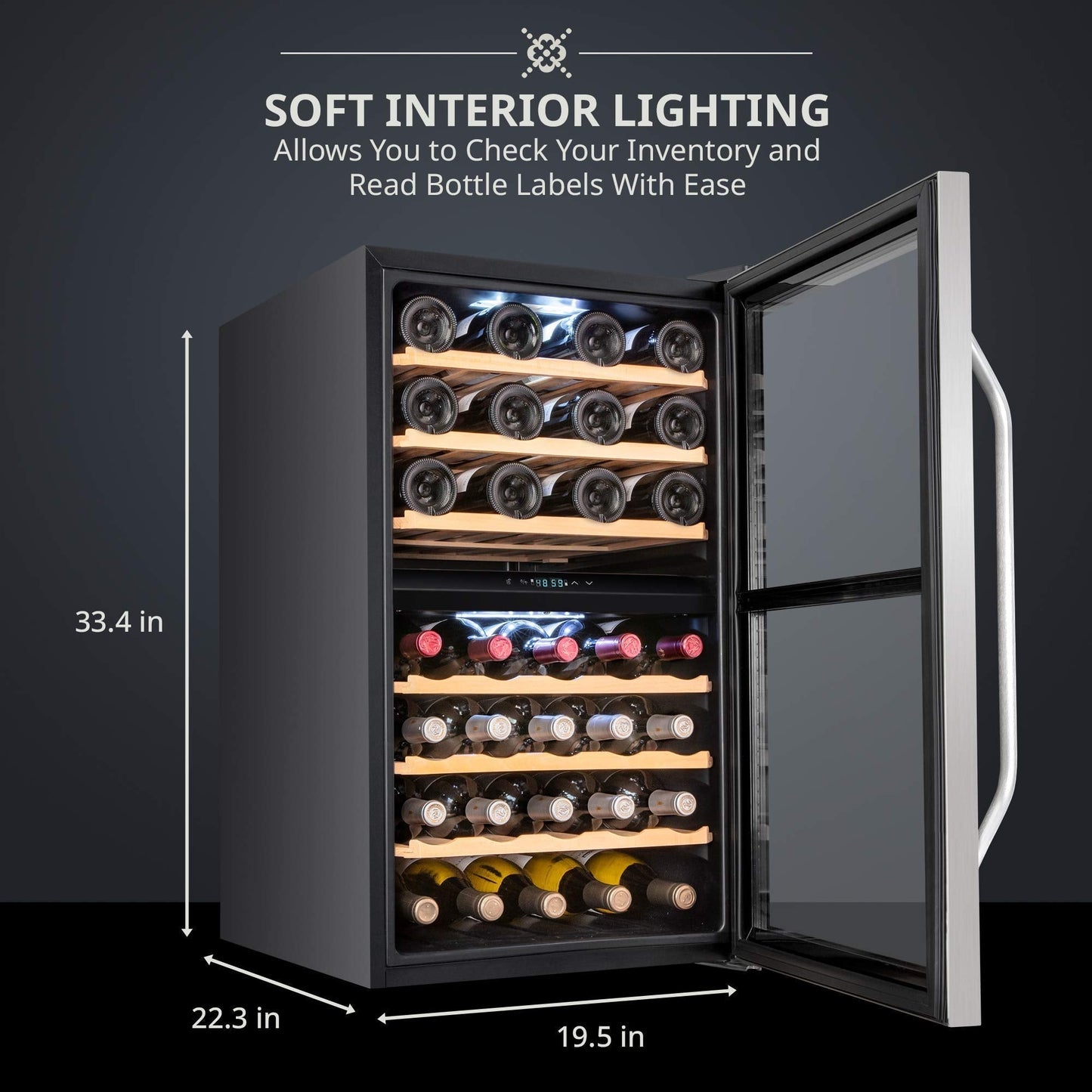 Ivation 43 Bottle Freestanding Wine Refrigerator, Dual Zone Wine Fridge with Lock, Stainless Steel - IVFWCC431DLWSS